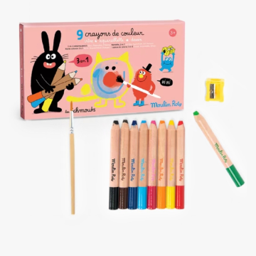 Moulin Roty 可洗式3合1蠟筆(9色)-奇趣怪誕