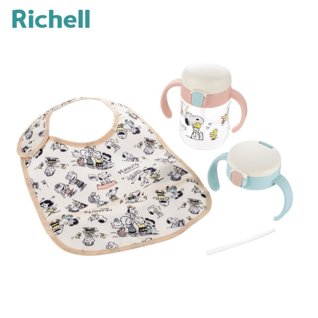 Richell 利其爾 史努比二階段水杯圍兜禮盒組